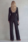 Red Lace Peak Lapel Floral 2 Piece Slim Fit Prom Suits with Belt