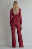 Red Lace Peak Lapel Floral 2 Piece Slim Fit Prom Suits with Belt