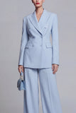 Blue 2 Piece Wide Leg Double Breasted Peak Lapel Prom Suits