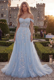 Blue A-Line Off the Shoulder Tulle Corset Long Prom Dress with Appliques