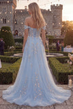 Blue A-Line Off the Shoulder Tulle Corset Long Prom Dress with Appliques