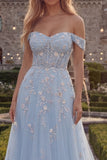 Blue A-Line Off the Shoulder Tulle Corset Long Prom Dress with Appliques