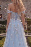 Blue A-Line Off the Shoulder Tulle Corset Long Prom Dress with Appliques
