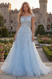 Off the Shoulder  Blue A-Line Corset Tulle Long Prom Dress with Beading