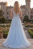 Off the Shoulder  Blue A-Line Corset Tulle Long Prom Dress with Beading