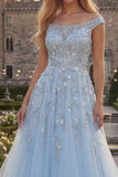 Off the Shoulder  Blue A-Line Corset Tulle Long Prom Dress with Beading