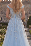 Off the Shoulder  Blue A-Line Corset Tulle Long Prom Dress with Beading