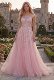 Off the Shoulder  Blue A-Line Corset Tulle Long Prom Dress with Beading