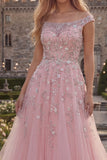 Off the Shoulder  Blue A-Line Corset Tulle Long Prom Dress with Beading