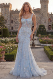 Sparkly Blue Mermaid Sheer Corset Long Prom Dress with Beading