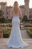 Sparkly Blue Mermaid Sheer Corset Long Prom Dress with Beading