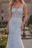 Sparkly Blue Mermaid Sheer Corset Long Prom Dress with Beading