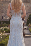 Sparkly Blue Mermaid Sheer Corset Long Prom Dress with Beading