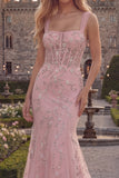 Sparkly Blue Mermaid Sheer Corset Long Prom Dress with Beading