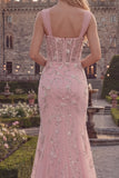 Sparkly Blue Mermaid Sheer Corset Long Prom Dress with Beading