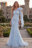 Blue One Shoulder Mermaid Beaded Long Prom Dress with Bow