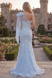 Blue One Shoulder Mermaid Beaded Long Prom Dress with Bow