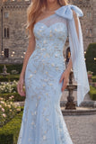 Blue One Shoulder Mermaid Beaded Long Prom Dress with Bow