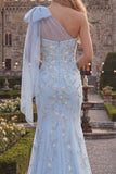 Blue One Shoulder Mermaid Beaded Long Prom Dress with Bow