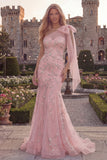 Blue One Shoulder Mermaid Beaded Long Prom Dress with Bow
