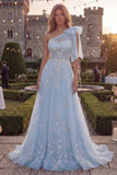 One Shoulder Blue A-Line Sequins Beaded Long Prom Dress with Bow