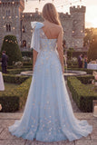 One Shoulder Blue A-Line Sequins Beaded Long Prom Dress with Bow