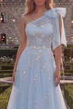 One Shoulder Blue A-Line Sequins Beaded Long Prom Dress with Bow