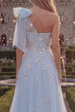 One Shoulder Blue A-Line Sequins Beaded Long Prom Dress with Bow