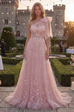One Shoulder Blue A-Line Sequins Beaded Long Prom Dress with Bow