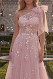 One Shoulder Blue A-Line Sequins Beaded Long Prom Dress with Bow