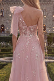 One Shoulder Blue A-Line Sequins Beaded Long Prom Dress with Bow