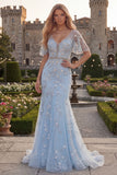 Sparkly Blue Mermaid V-Neck Long Beaded Prom Dress with Sequins
