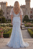 Sparkly Blue Mermaid V-Neck Long Beaded Prom Dress with Sequins