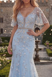 Sparkly Blue Mermaid V-Neck Long Beaded Prom Dress with Sequins