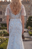 Sparkly Blue Mermaid V-Neck Long Beaded Prom Dress with Sequins