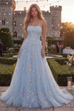 Strapless Blush Tulle A-Line Beaded Sequin Long Prom Dress