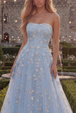 Strapless Blush Tulle A-Line Beaded Sequin Long Prom Dress