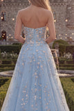 Strapless Blush Tulle A-Line Beaded Sequin Long Prom Dress