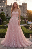 Strapless Blush Tulle A-Line Beaded Sequin Long Prom Dress
