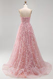 Strapless Blush Tulle A-Line Beaded Sequin Long Prom Dress