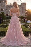 Strapless Blush Tulle A-Line Beaded Sequin Long Prom Dress