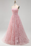 Strapless Blush Tulle A-Line Beaded Sequin Long Prom Dress