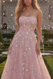 Strapless Blush Tulle A-Line Beaded Sequin Long Prom Dress