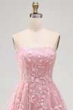 Strapless Blush Tulle A-Line Beaded Sequin Long Prom Dress