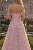 Strapless Blush Tulle A-Line Beaded Sequin Long Prom Dress