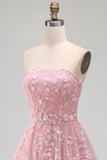 Strapless Blush Tulle A-Line Beaded Sequin Long Prom Dress