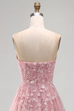 Strapless Blush Tulle A-Line Beaded Sequin Long Prom Dress