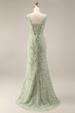 Dusty Sage Mermaid Floral Square Neck Long Prom Dress with Slit