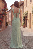 Dusty Sage Mermaid Floral Square Neck Long Prom Dress with Slit