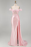 Pink Mermaid Sheer Corset Off The Shoulder Long Prom Dress with Slit